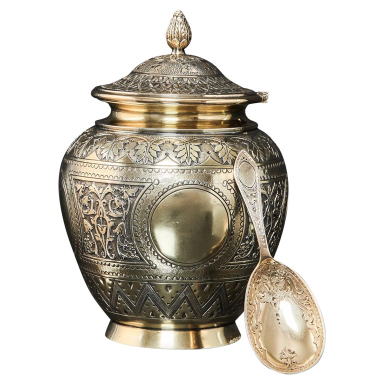 Victorian Silver-Gilt Tea Caddy and Spoon For Sale
