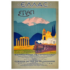Original Antique Poster Hellas Greece Peloponnese Railway Hellenic Train Travel