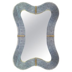 Vintage Contemporary Italian Pearl Gray Blue Murano Glass Curved Mirror & Brass Accents