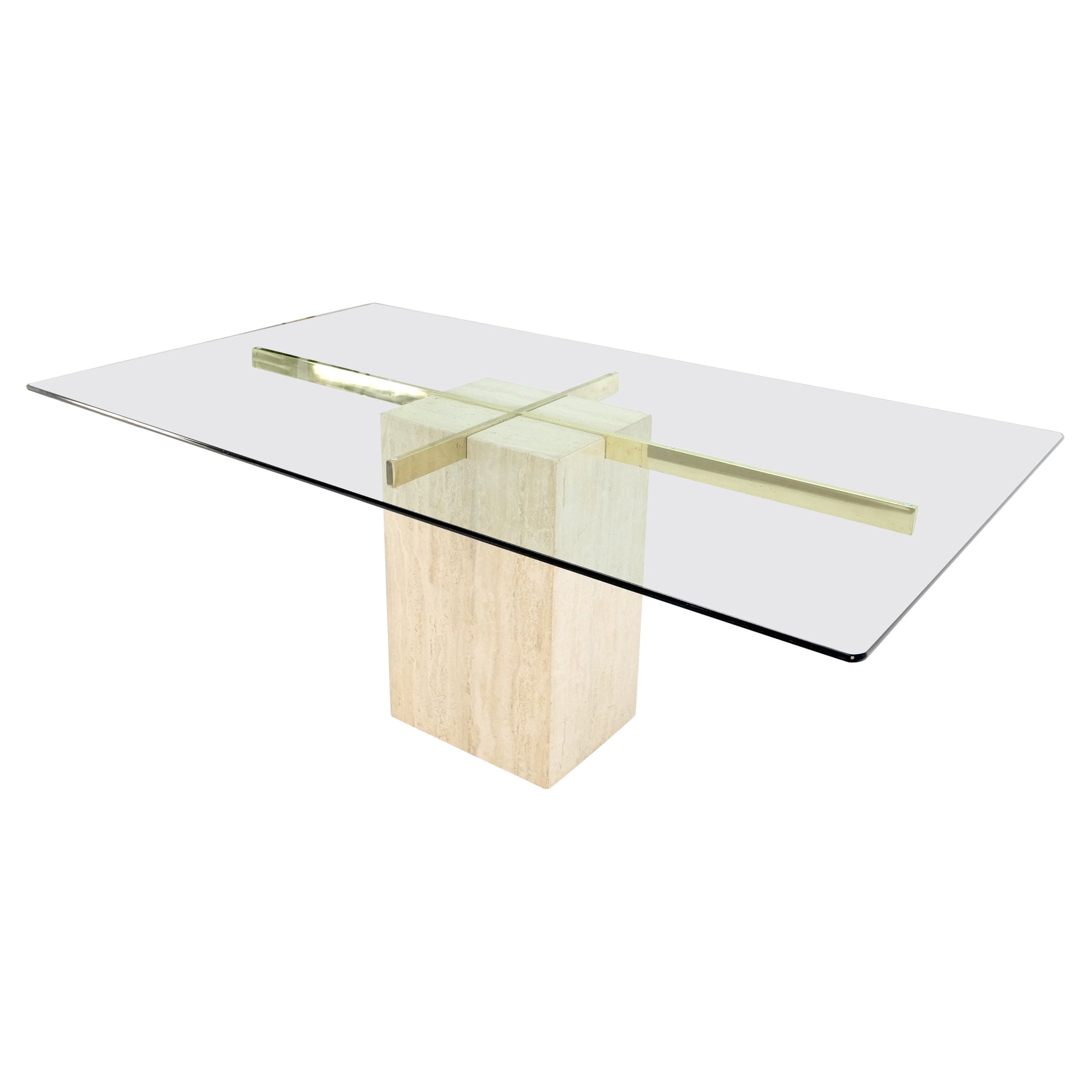 Italian Single Travertine Pedestal Glass Top Dining Conference  Table 