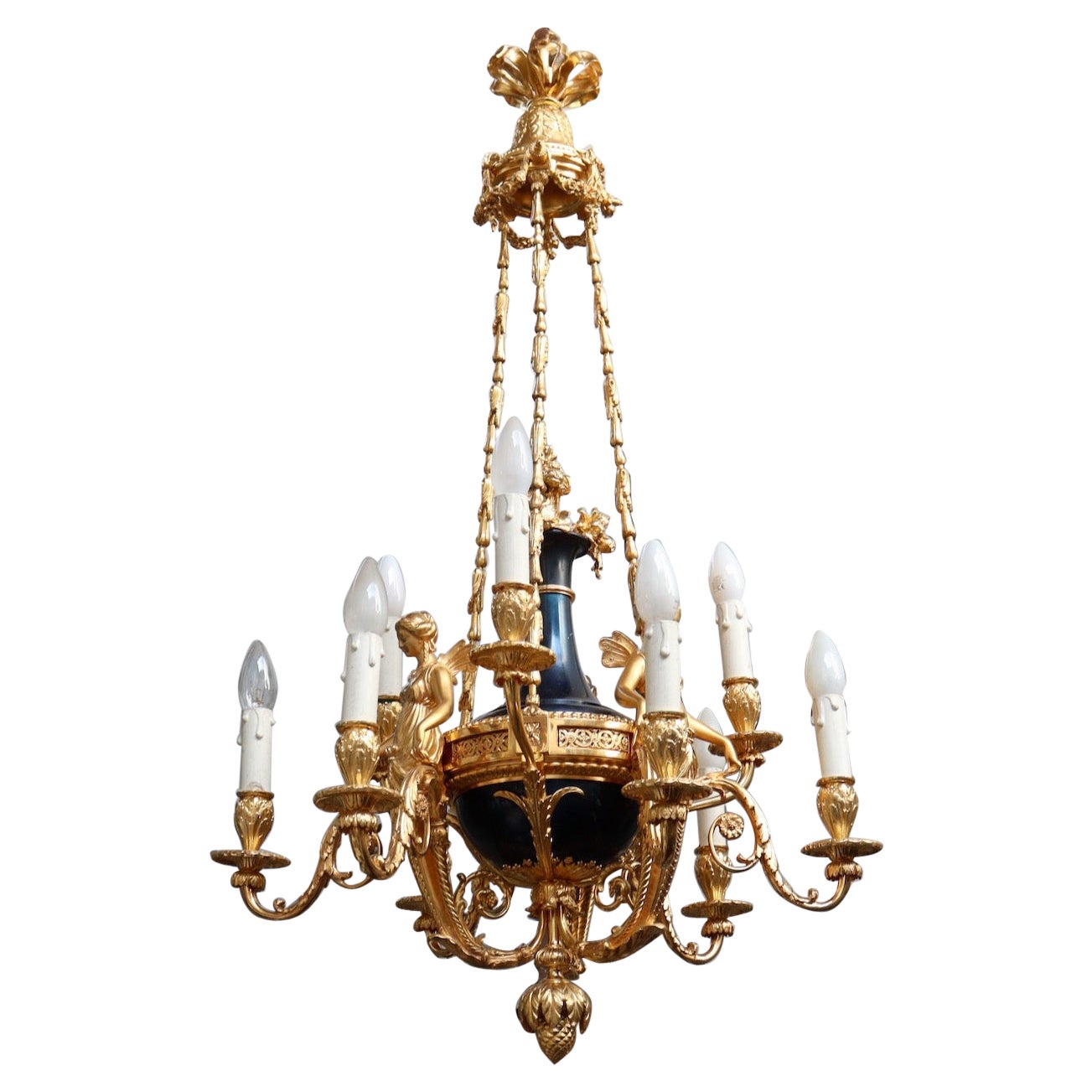 A very fine French Ormolu and patinated metal nine-lights figural chandelier 