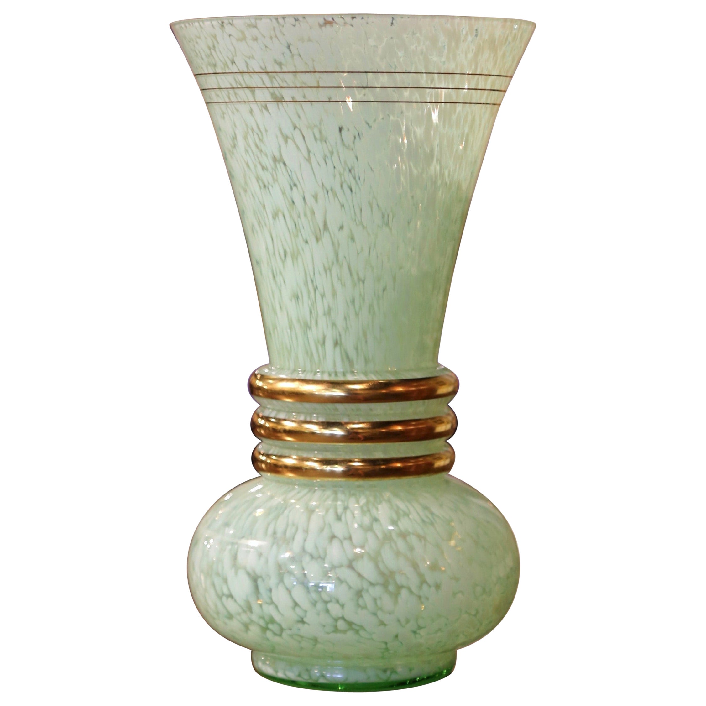 Mid-Century French Painted and Gilt Glass Trumpet Vase For Sale