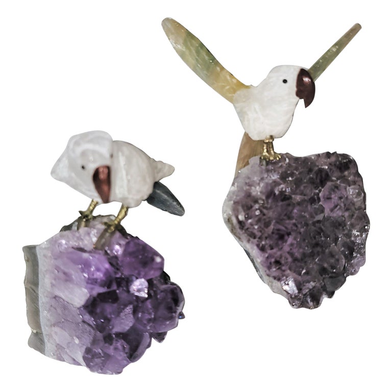 Pair of Crystal and Amethyst Birds For Sale