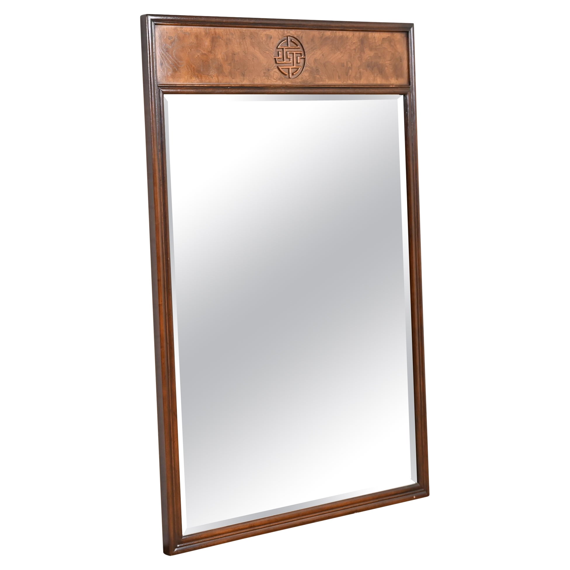 Drexel Heritage Hollywood Regency Chinoiserie Walnut and Burl Wood Wall Mirror