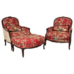 Asian Chinoiserie Carved Bergere Chairs and Ottoman