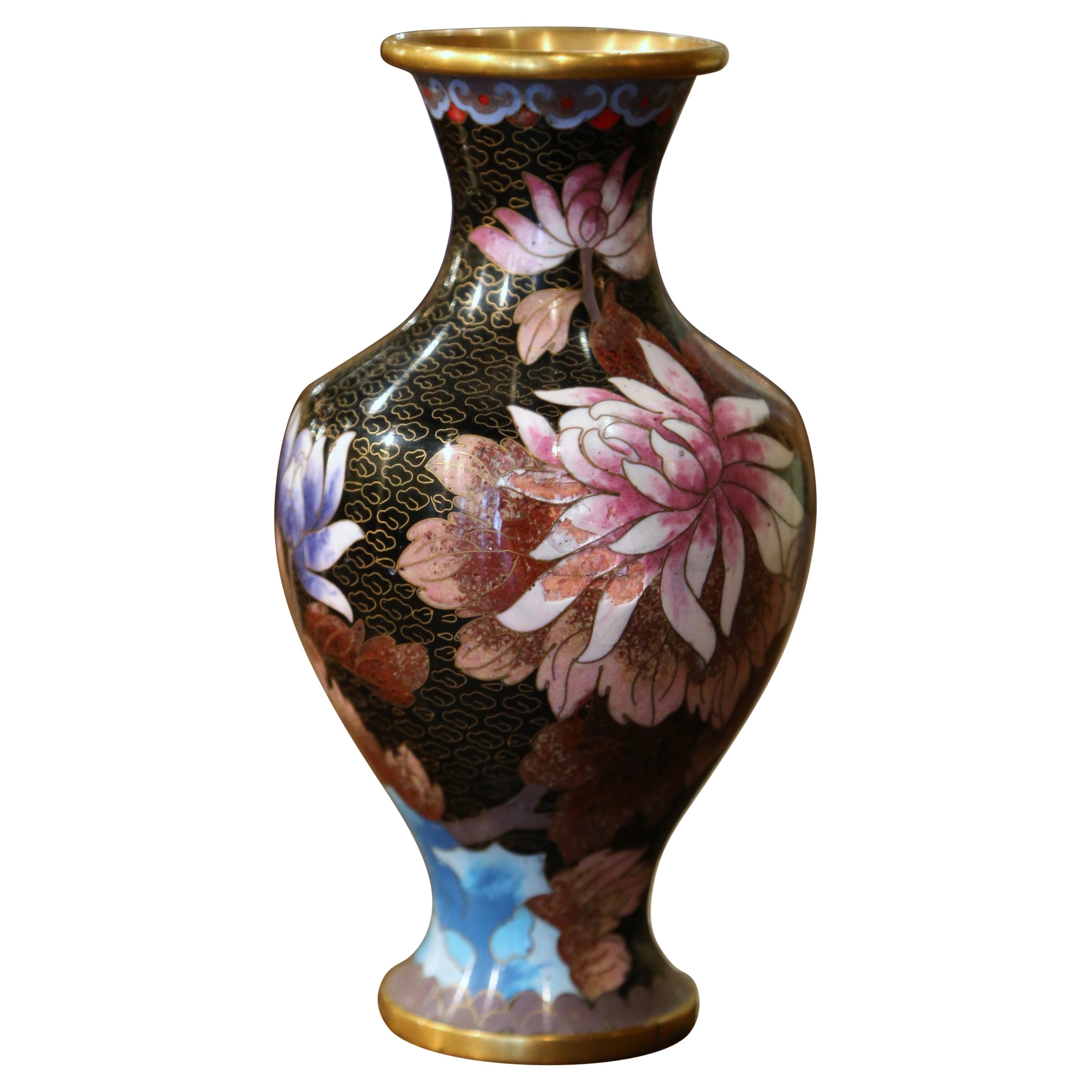  Vase chinois vintage en émail cloisonné avec motifs floraux et de feuilles 