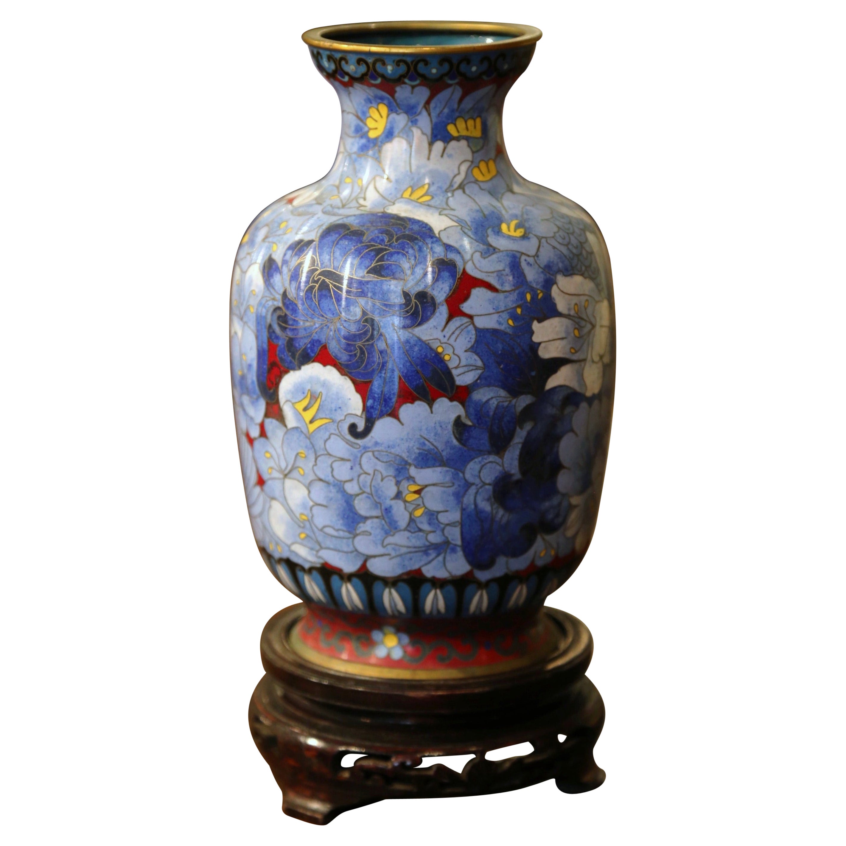  Vintage Chinese Cloisonne Champleve Enamel Vase with Floral Motifs