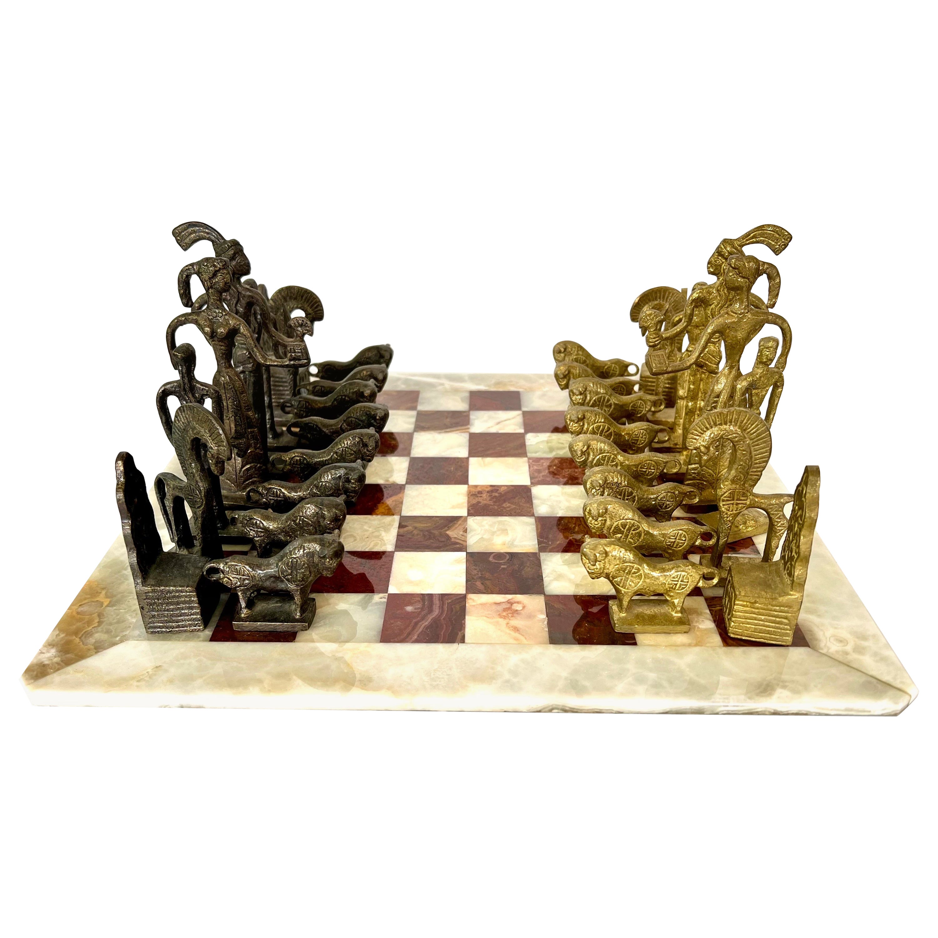 Vintage Marble Chess Set with Brutalist Carved Bronze and Brass Figurines