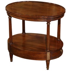 Mid-Century French Carved Walnut Oval Side Table with Marquetry Decor