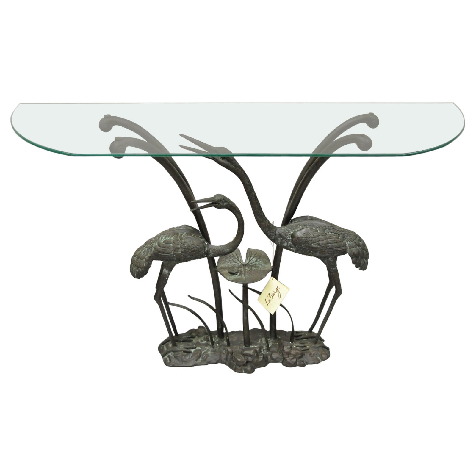 Console pour canapé Labarge avec plateau en verre et dossier en forme de nénuphar en forme d'oiseau grue en bronze