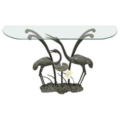 Labarge Bronze Crane Bird Lily Pad Glass Top Console Sofa Hall Table