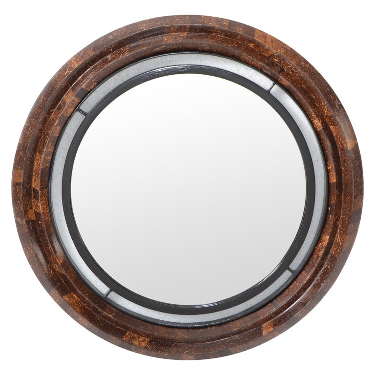 Round Coco Shell Maitland-Smith Tessellated Beveled Mirror Mid-Century ...