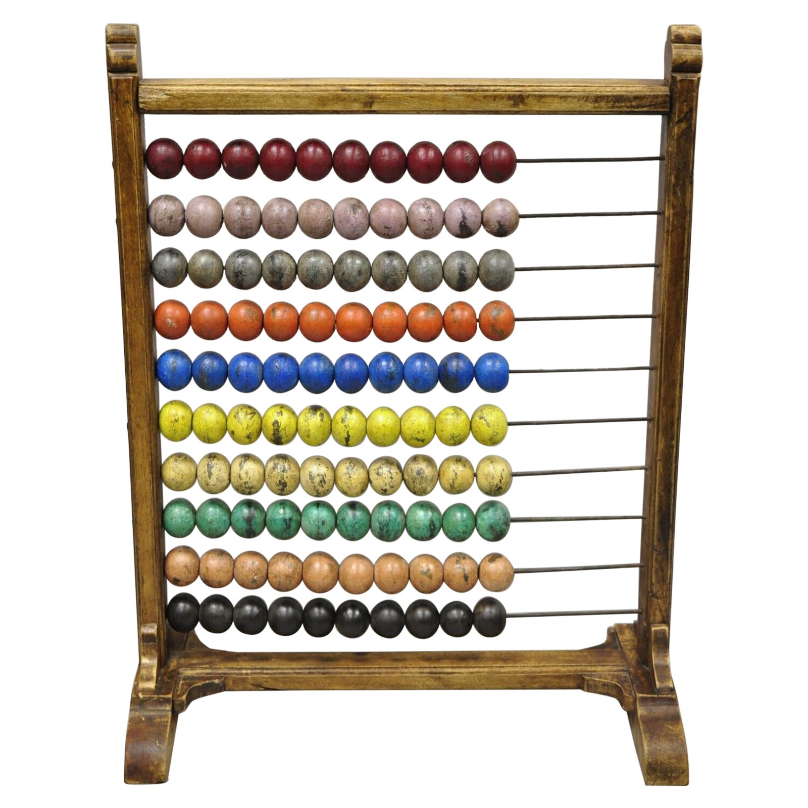 Large Vintage Mongolian Wooden Math Abacus with Painted Wooden Balls For Sale