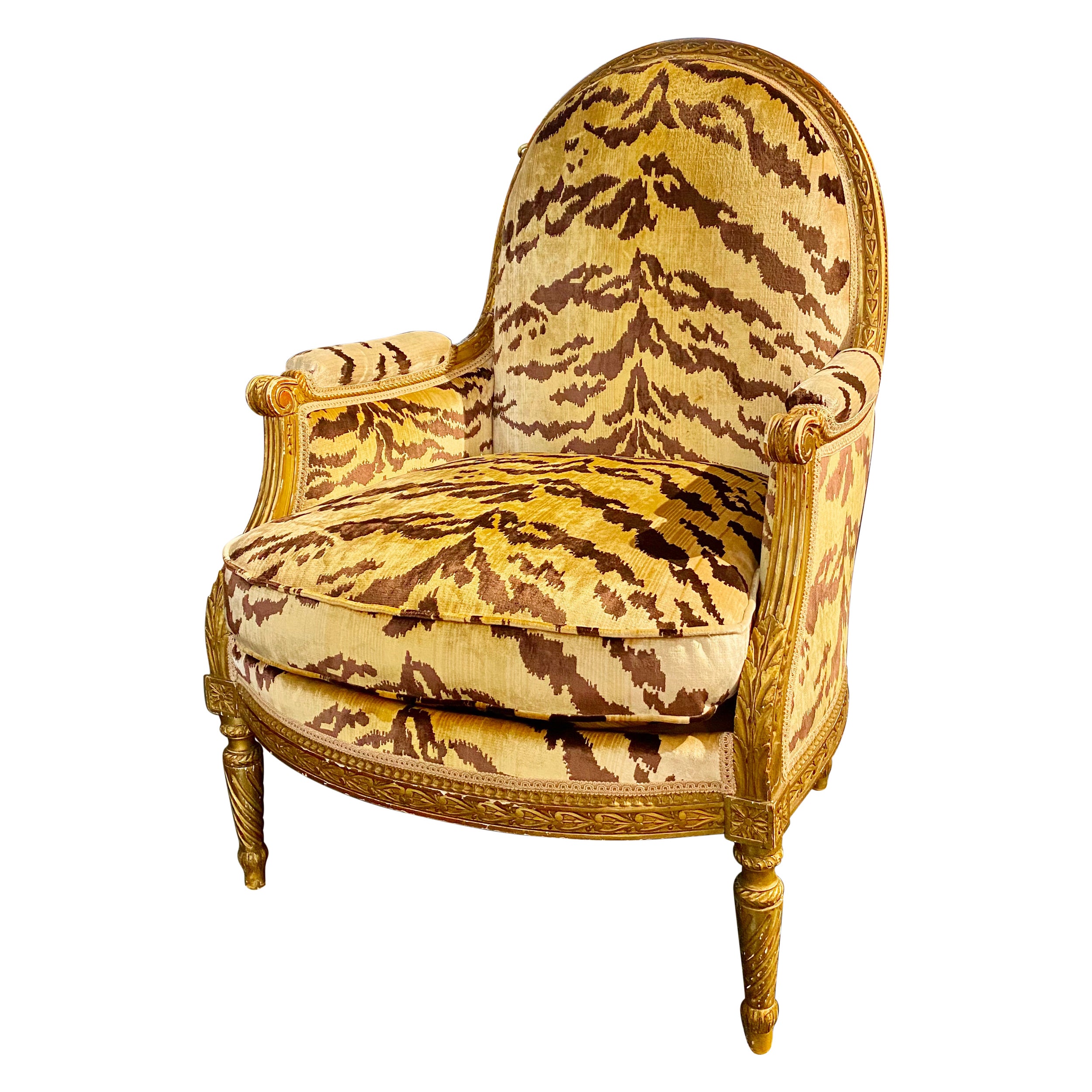 Maison Jansen Signed, Louis XVI Style Giltwood Bergère, TIger Silk Velvet
