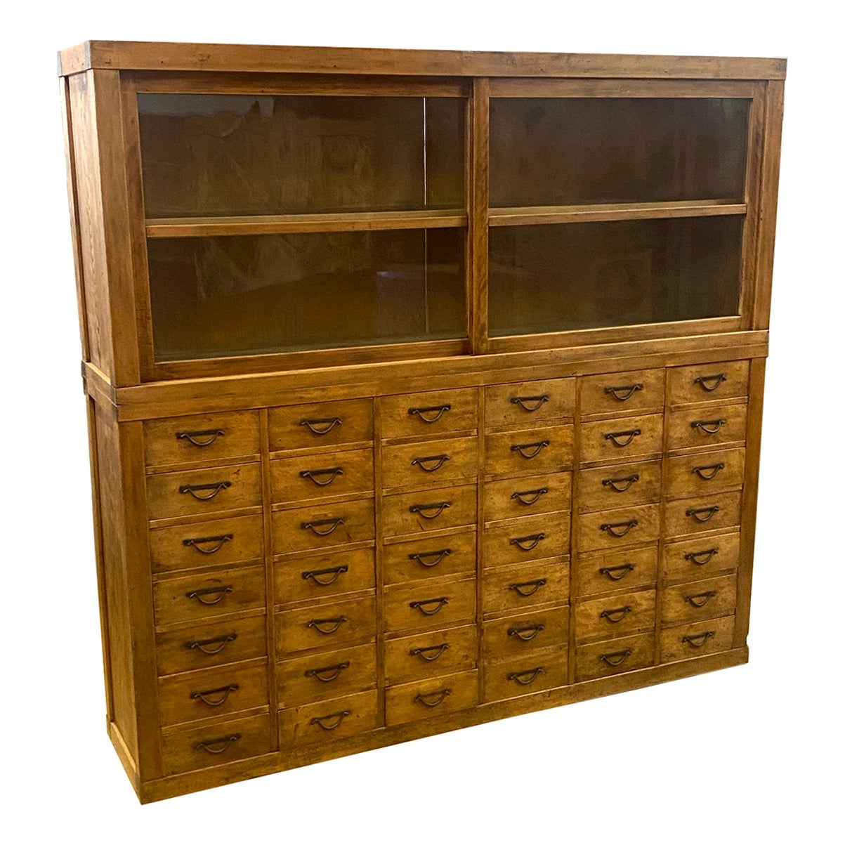 Early 20th Century Shop Chest with Sliding Glass Door Atop 42 Drawers