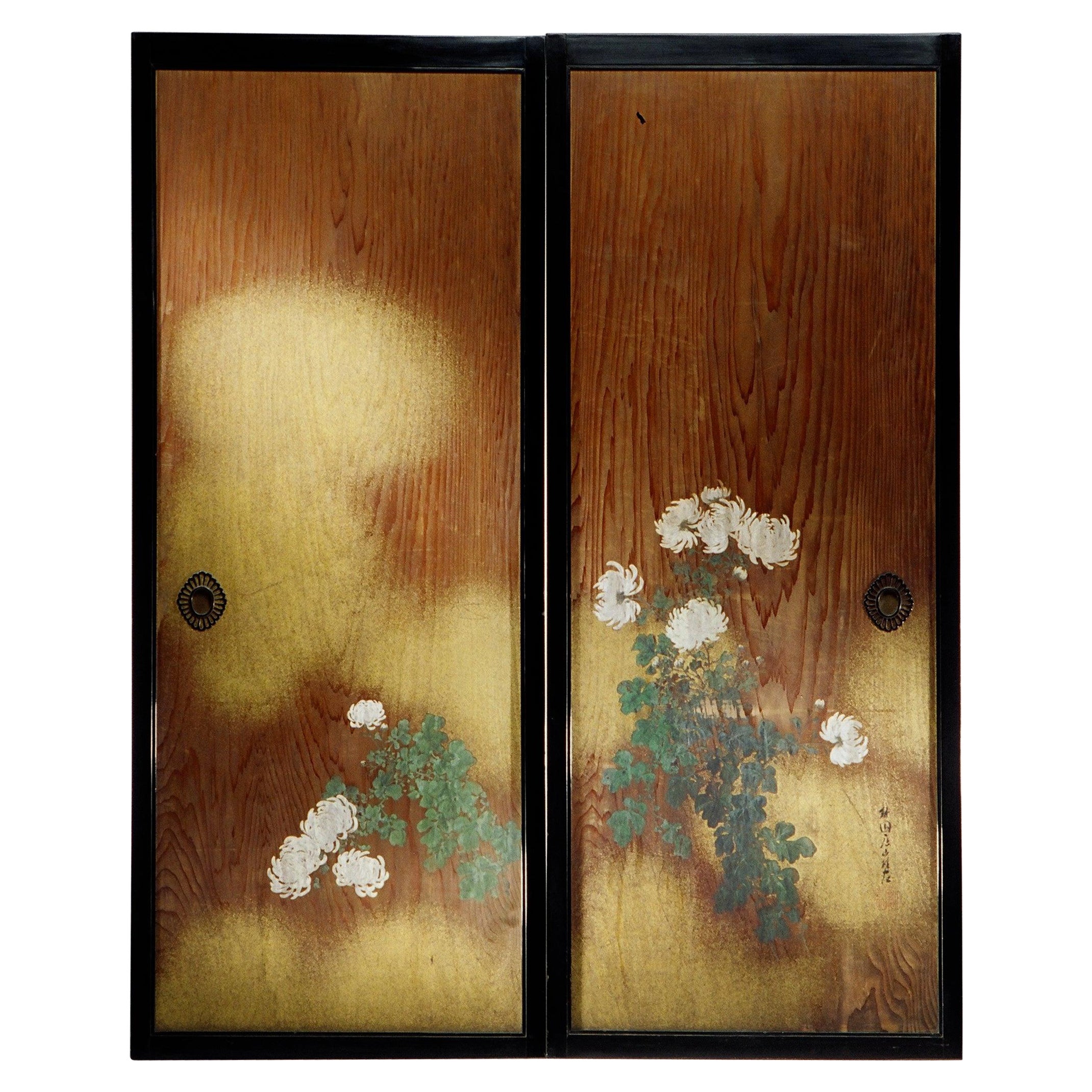  Japanese Hand Painted Wood Doors 'Set of Two Doors' For Sale