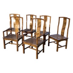 Vintage Asian-Modern Burl and Cane Dining Chairs, a Set of 6