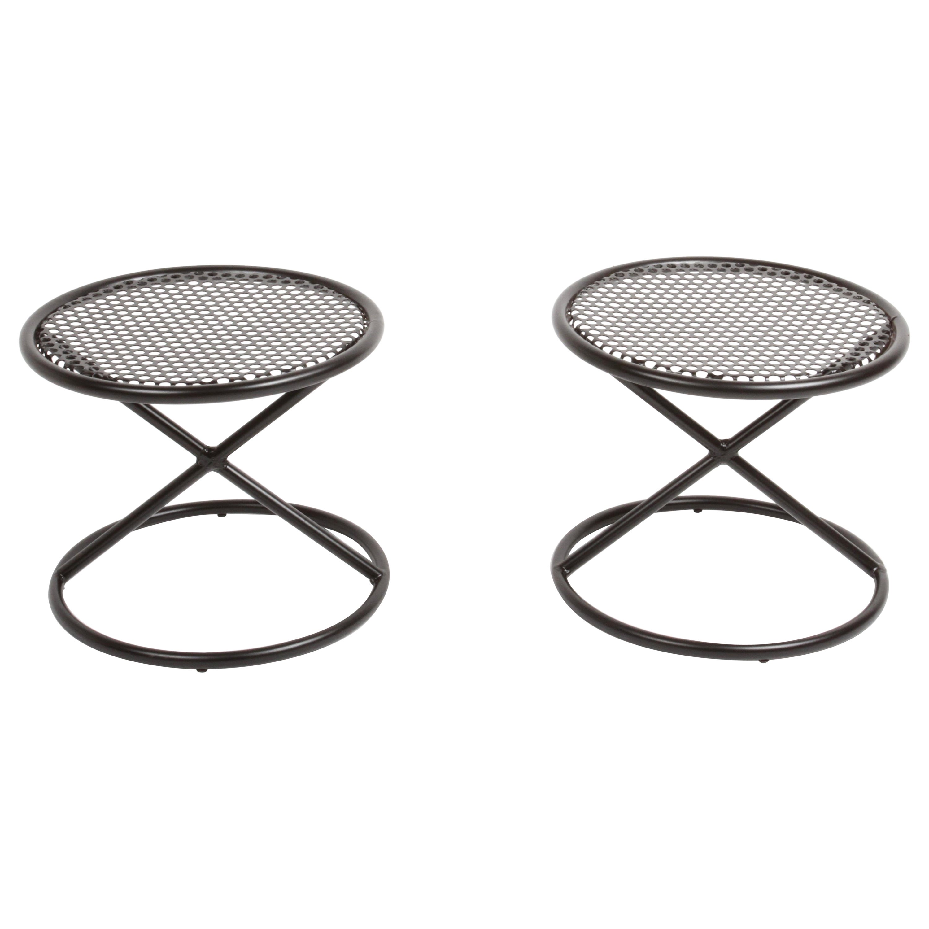 Mathieu Matégot Style Round Patio Side Tables with Perforated Tops & X Supports