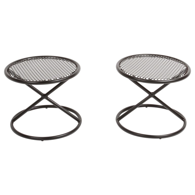 Mathieu Matégot Style Round Patio Side Tables with Perforated Tops & X Supports For Sale