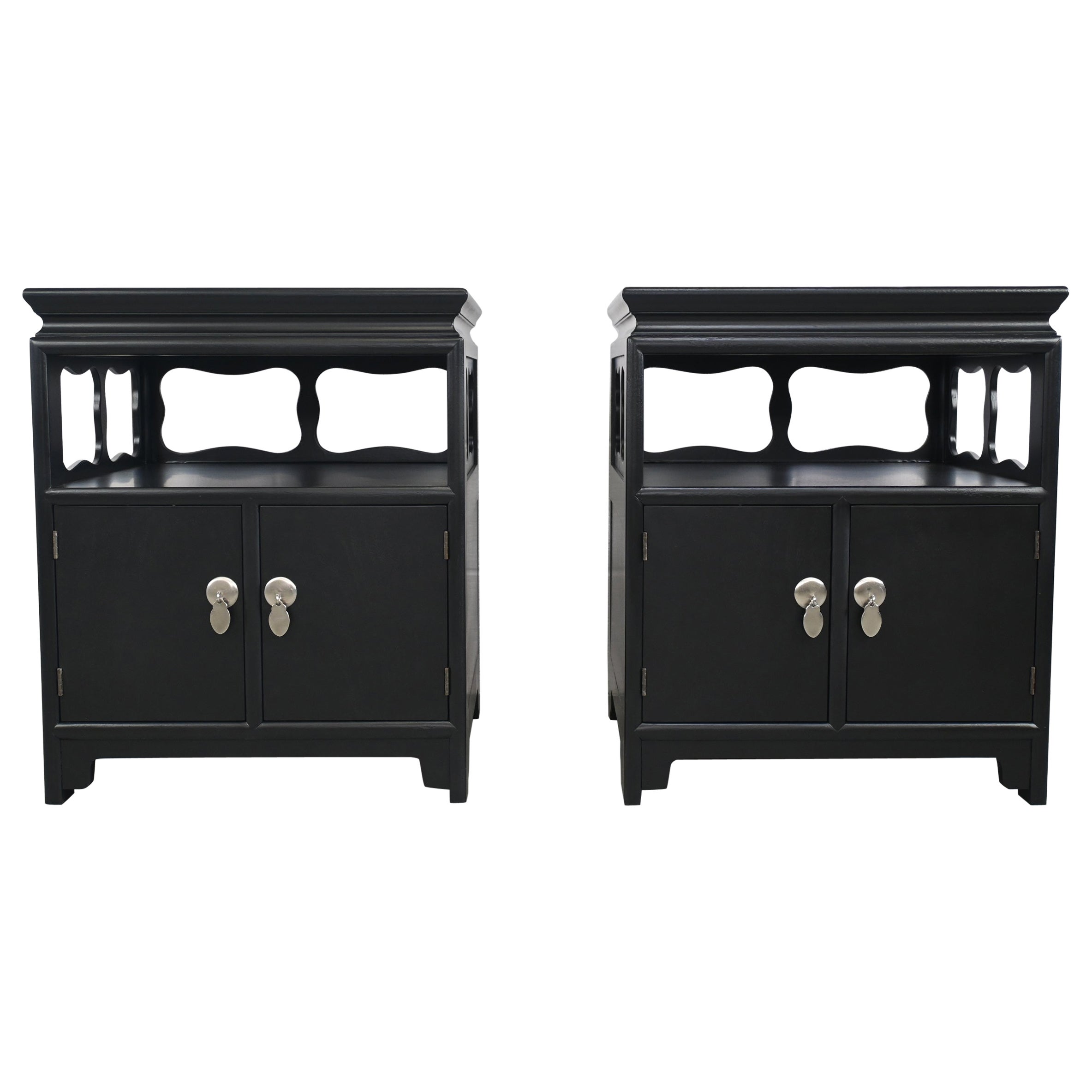 Michael Taylor for Baker Furniture Far East Black Lacquered Pair of Nightstands