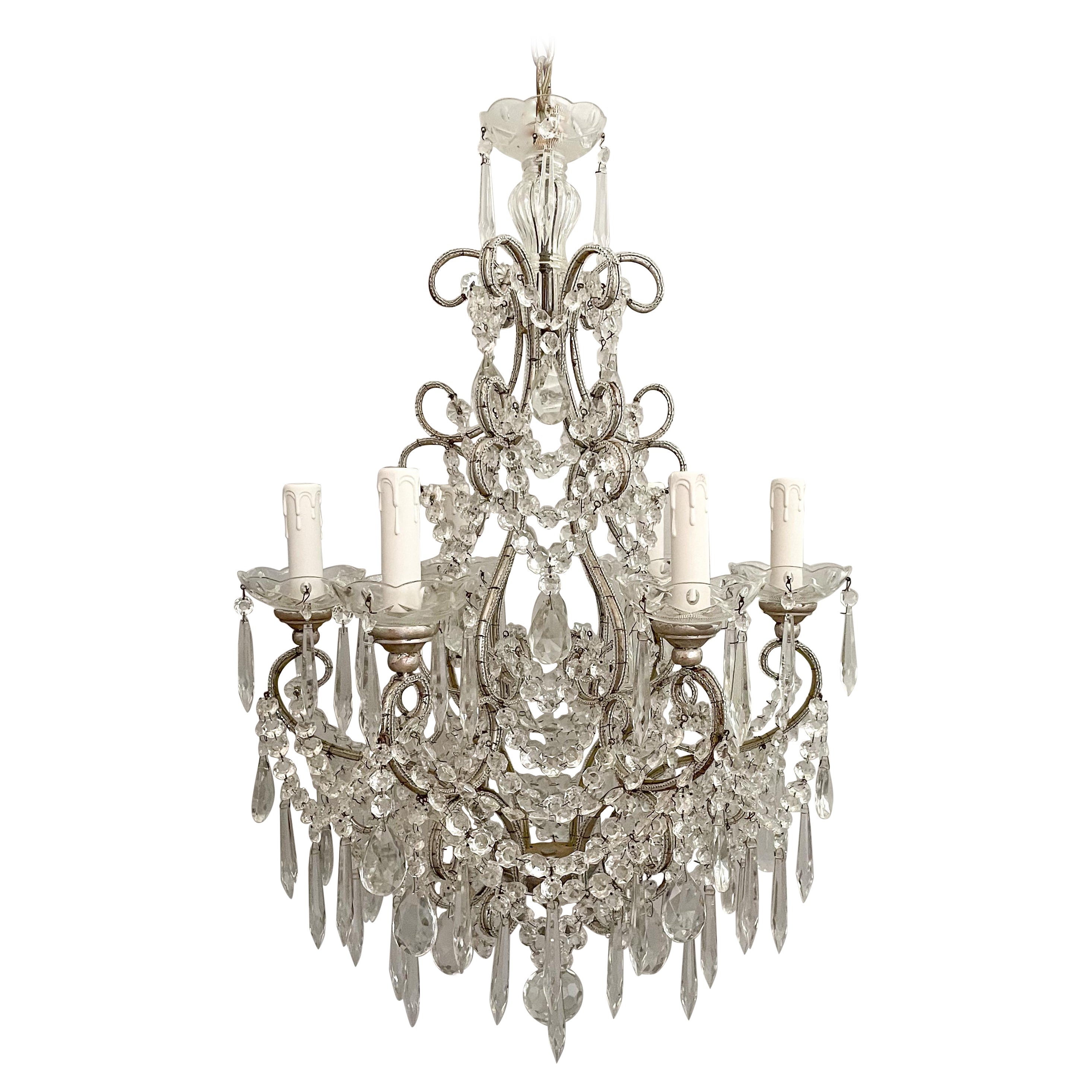 Italian Silver-Leafed Iron And Crystal Beaded Chandelier  For Sale