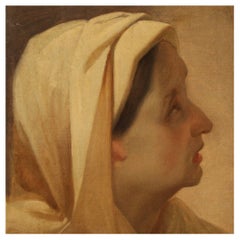 19th Century Oil on Paper Italian Antique Painting Woman Portrait, 1880