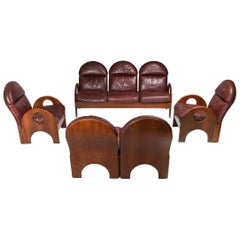 Gae Aulenti "Arcata" Living Room Set in Walnut and Burgundy Leather, 1968
