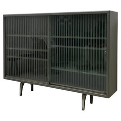 Used Italian Industrial Cabinet / Vitrine with Striped Glass Sliding Doors