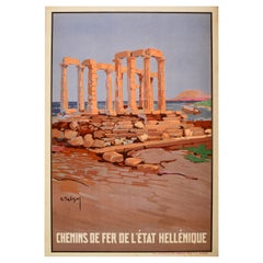 Original Antique Poster Greece Hellenic State Railway Ancient Ruins Train Travel