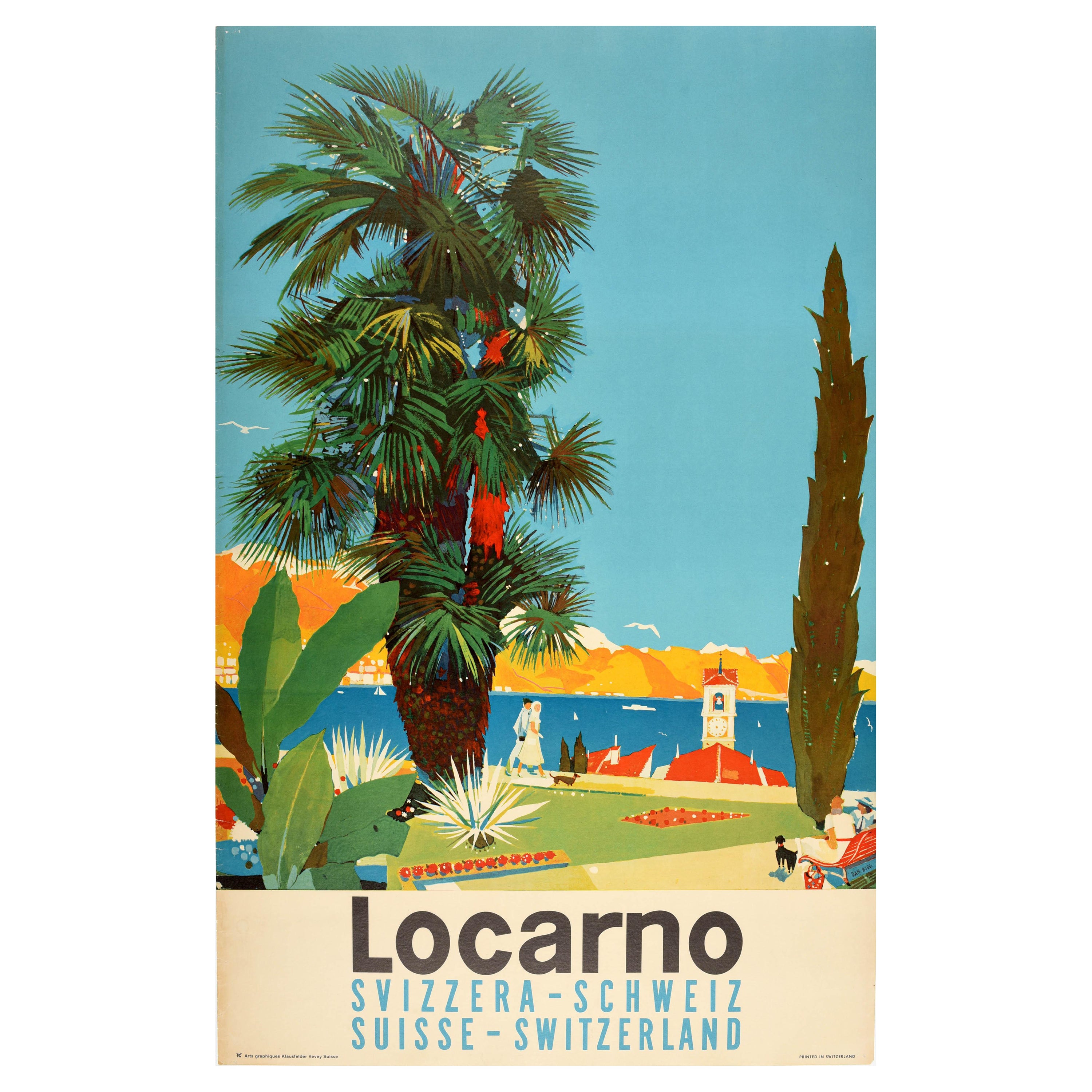Original Vintage Travel Poster For Locarno Switzerland Summer Sailing Swiss Alps For Sale