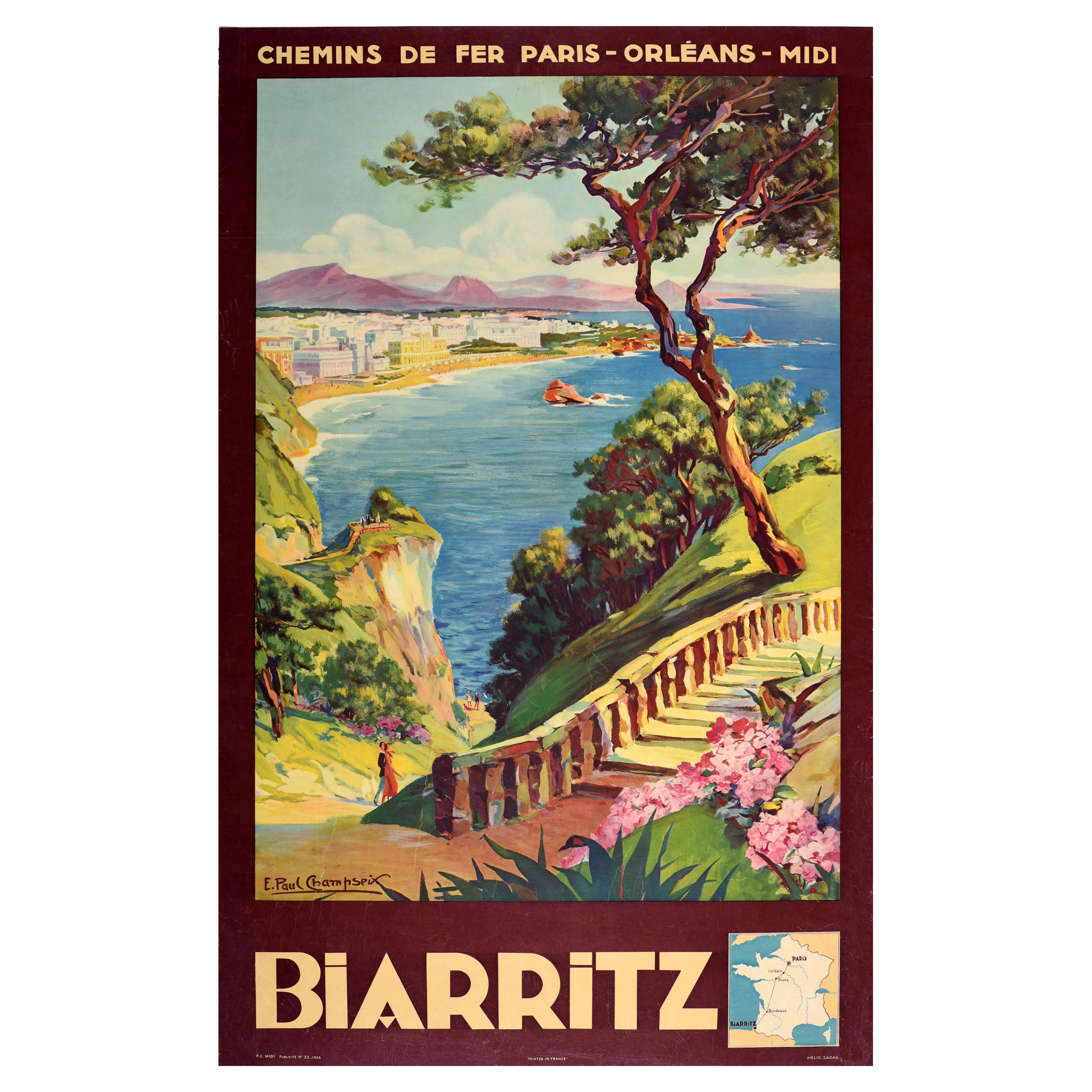 Original Vintage Poster Biarritz Basque Coast France Chemins De Fer Travel Art For Sale