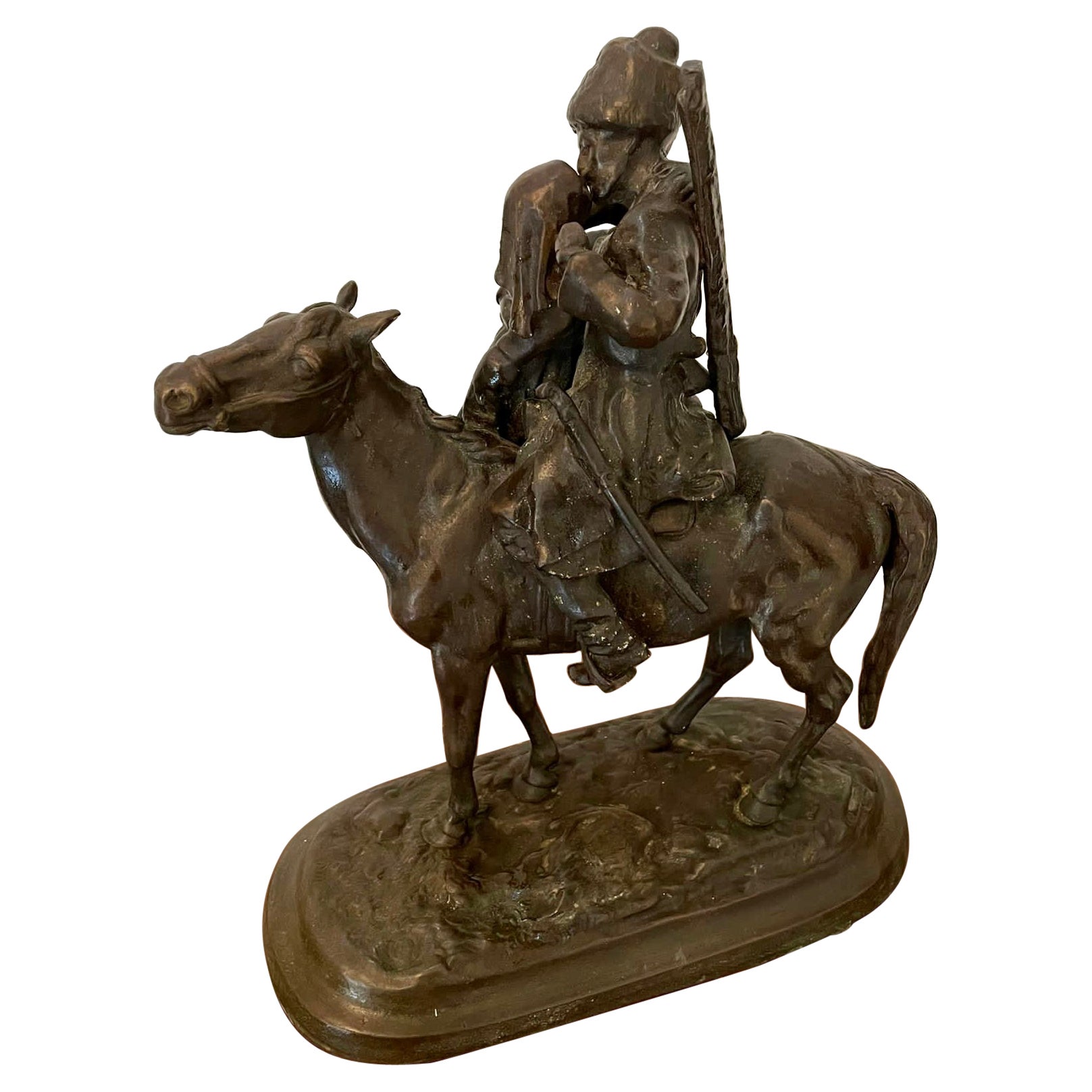 Antique Victorian Quality Bronze Figure of a Cossack on Horseback For Sale
