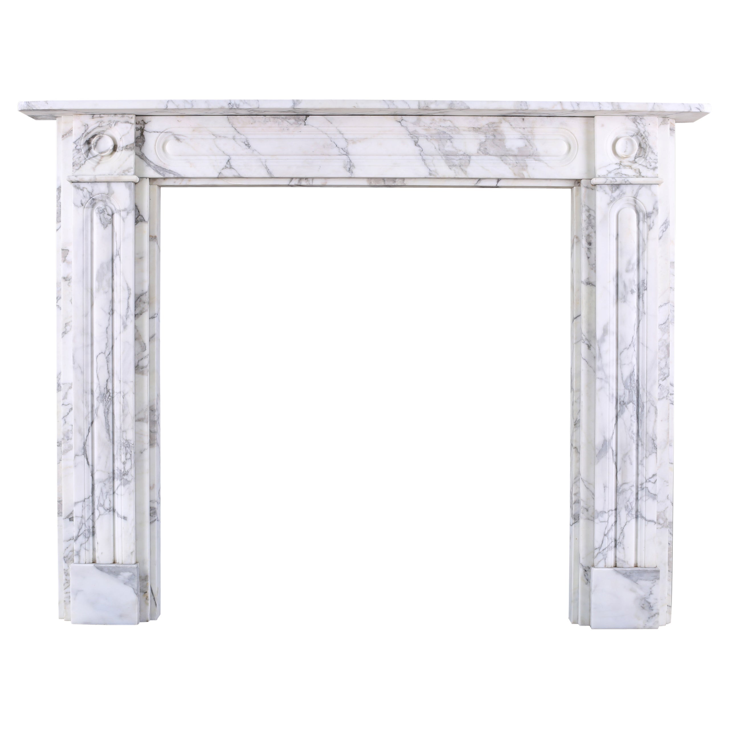 Double-Slip Georgian Bullseye Fireplace in Italian Grey Veined Arabescato Marble For Sale