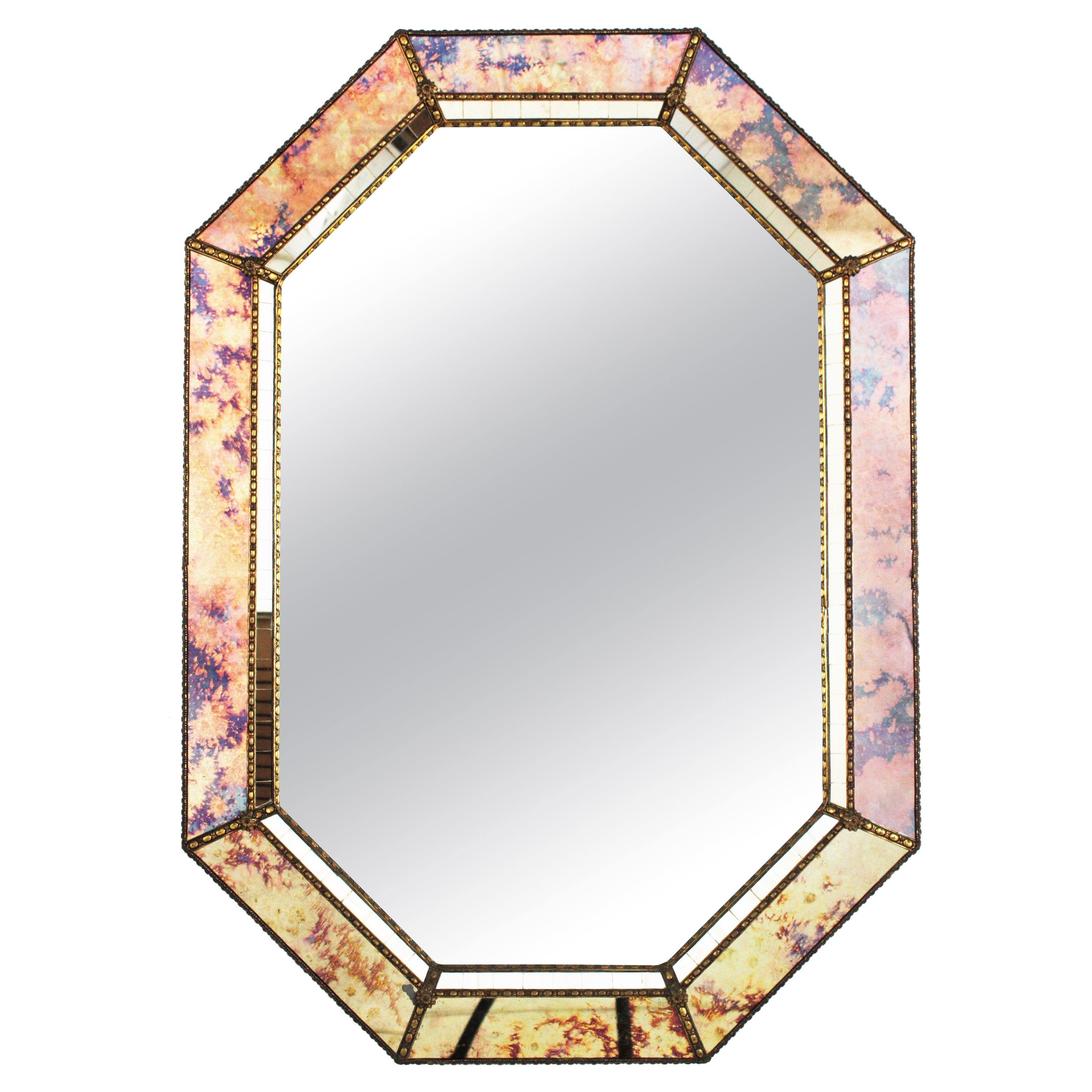 Octagonal Venetian Style Mirror with Iridiscent Glasses and Brass Details