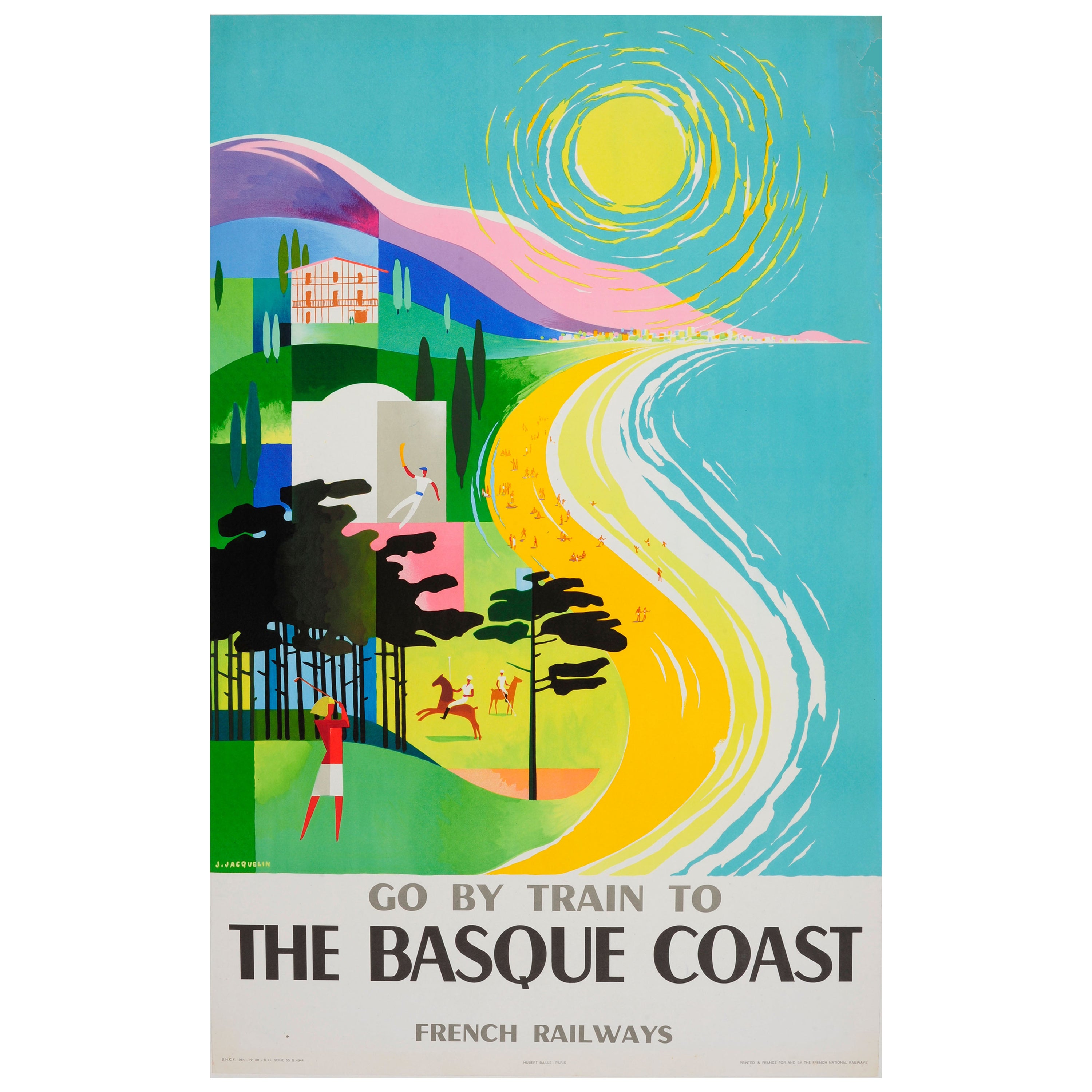 Affiche rétro originale de voyage en train, Chemin de fer de la côte Basque, plage de Pelota, Polo Golf