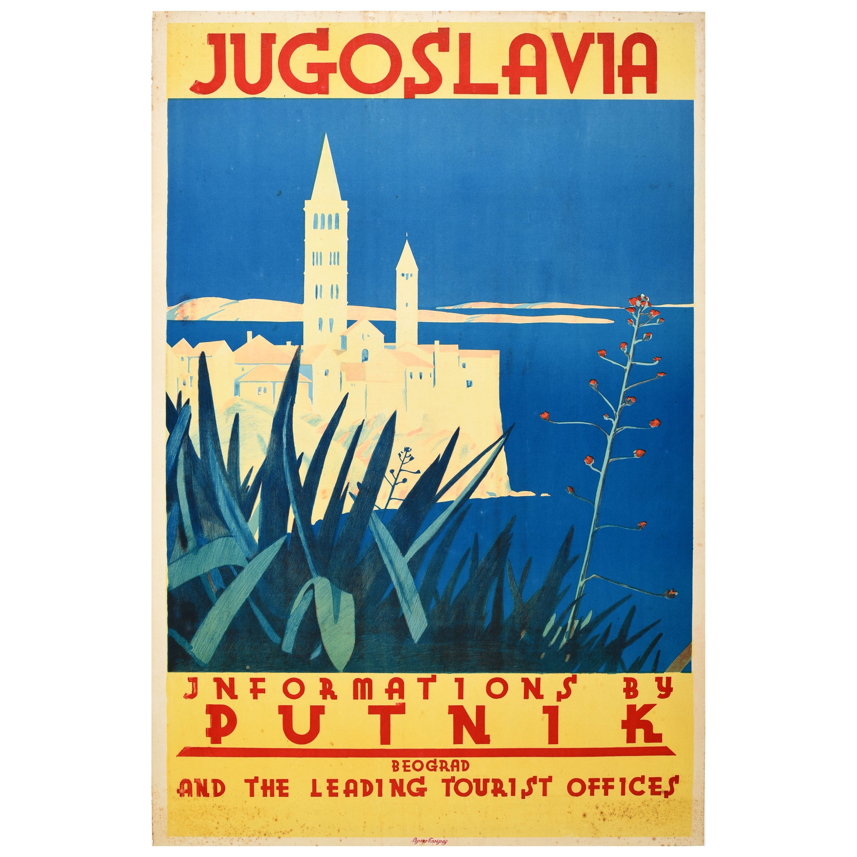 Affiche de voyage vintage d'origine Jugoslavia Putnik Beograd Tourism Yugoslavia Art en vente