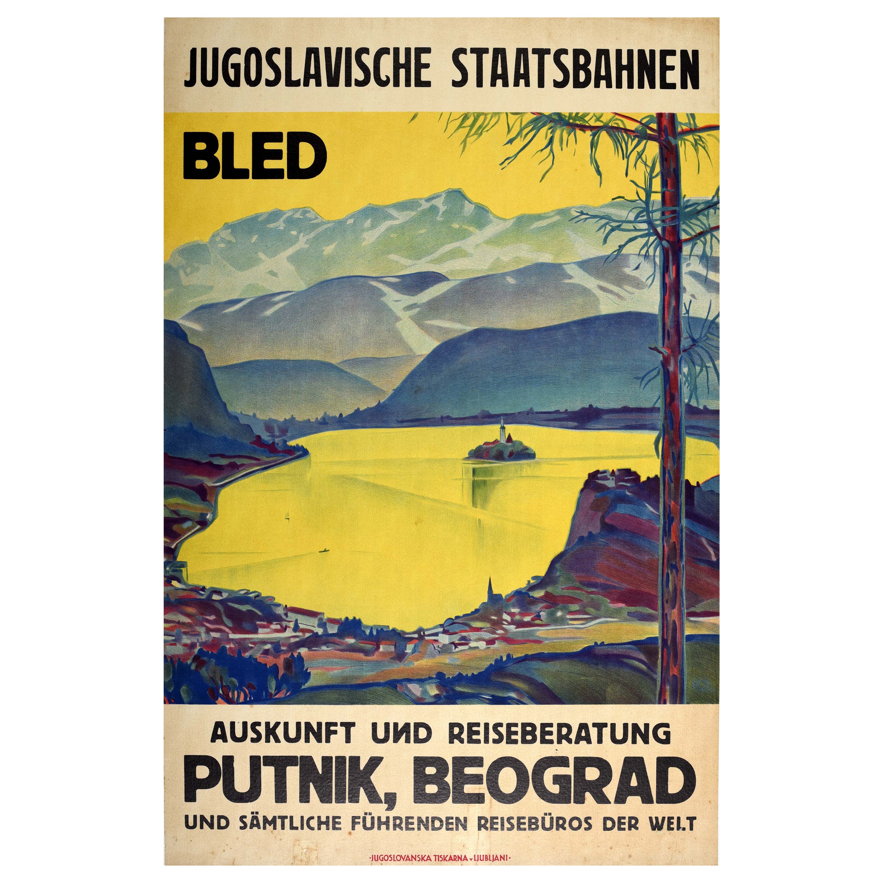 Affiche vintage d'origine lac Bled Island Yugoslavia Rail Travel Putnik Beograd en vente