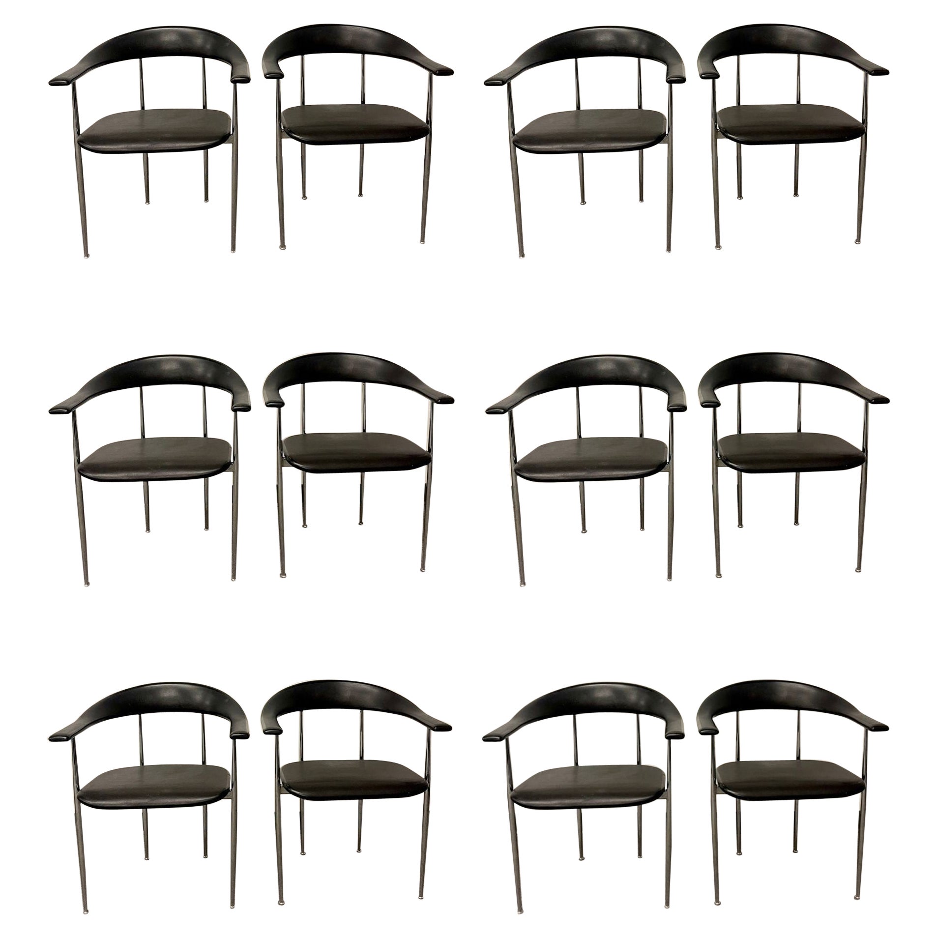 Set of 12 Black & Chrome Italian Dining Chairs, Arm Chairs