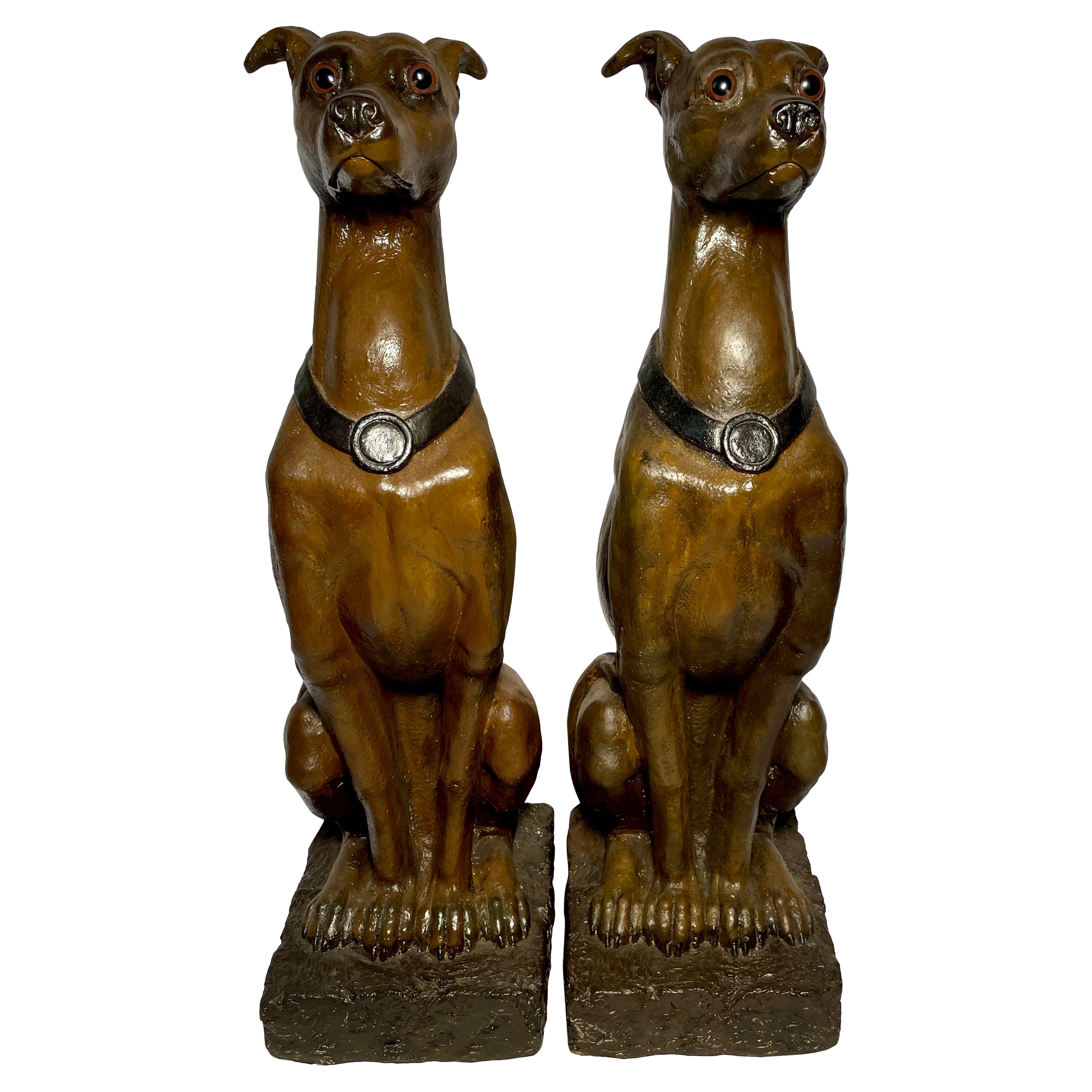 Pair Estate Italian Terracotta Porcelain Dog Statues with Glass Eyes, circa 1950