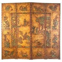 Antique Early 19th Century Hand-Painted 4-Panel Chinoiserie Leather Screen