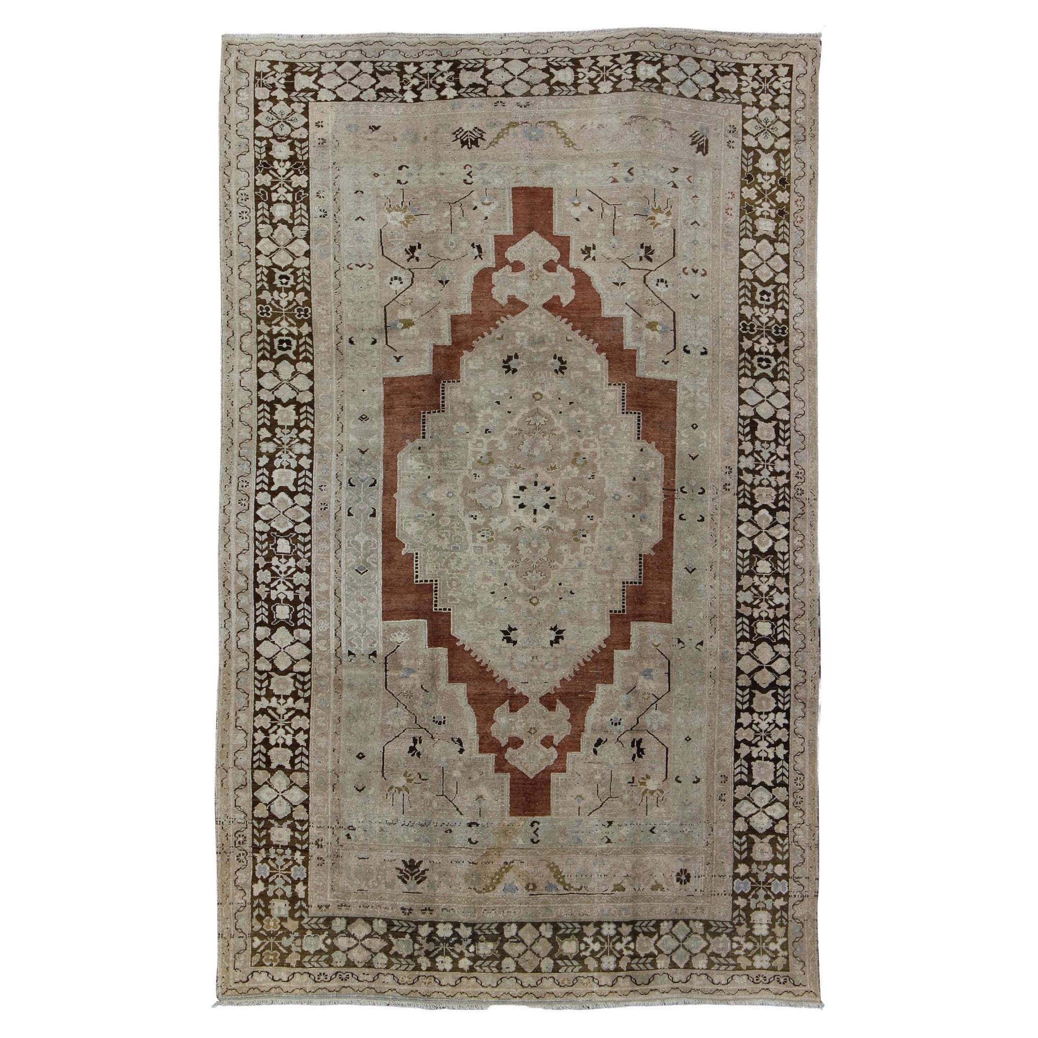 Vintage Turkish Oushak Rug with Geometric Design in Sienna, Brown & Neutrals  For Sale