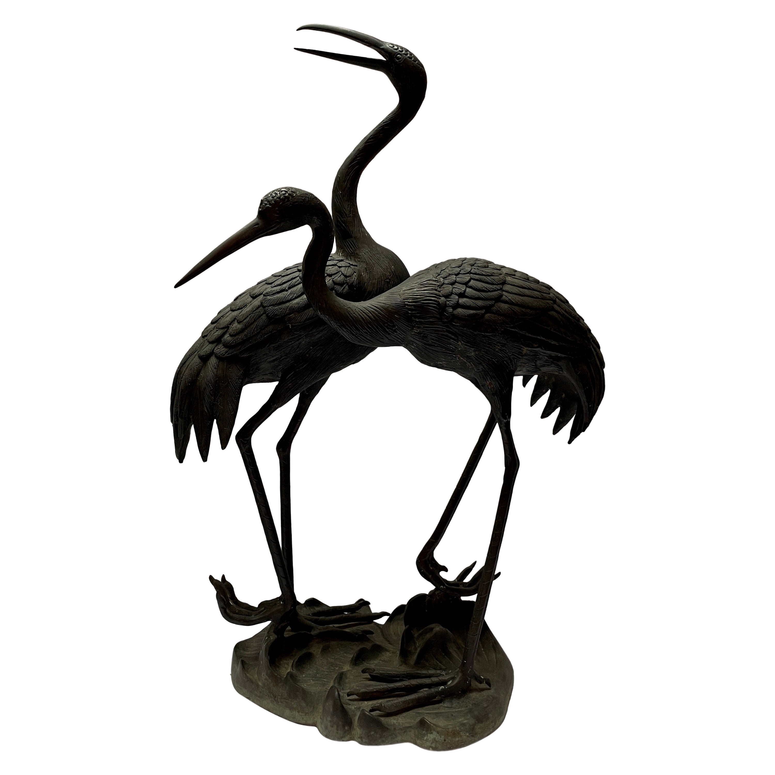 Pair Estate Japanese Patinated Bronze Sculptural Wading Cranes, Circa 1930's