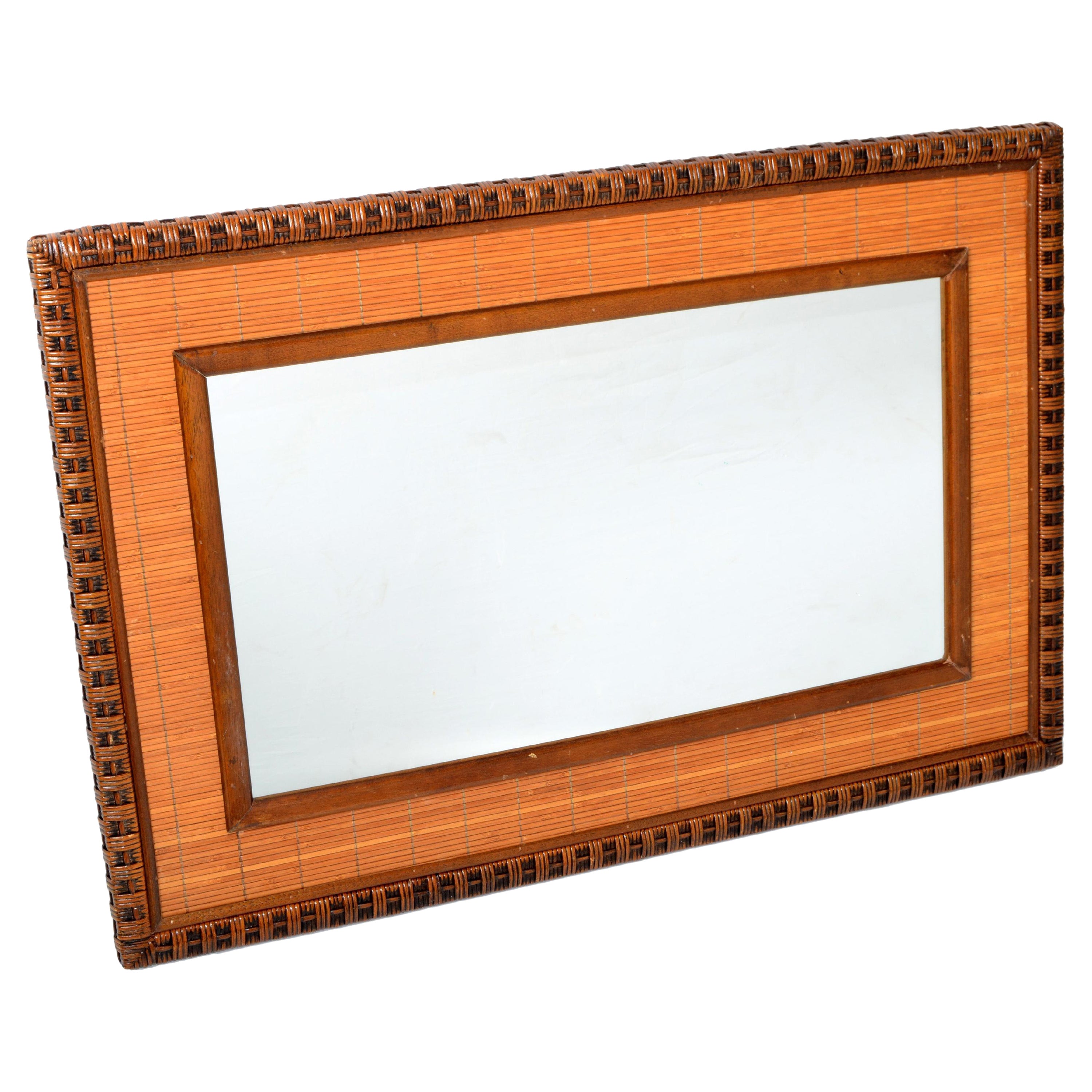 Rectangle Mid-Century Modern Handwoven Rattan Wicker Wall Mirror Boho Chic 1979 For Sale