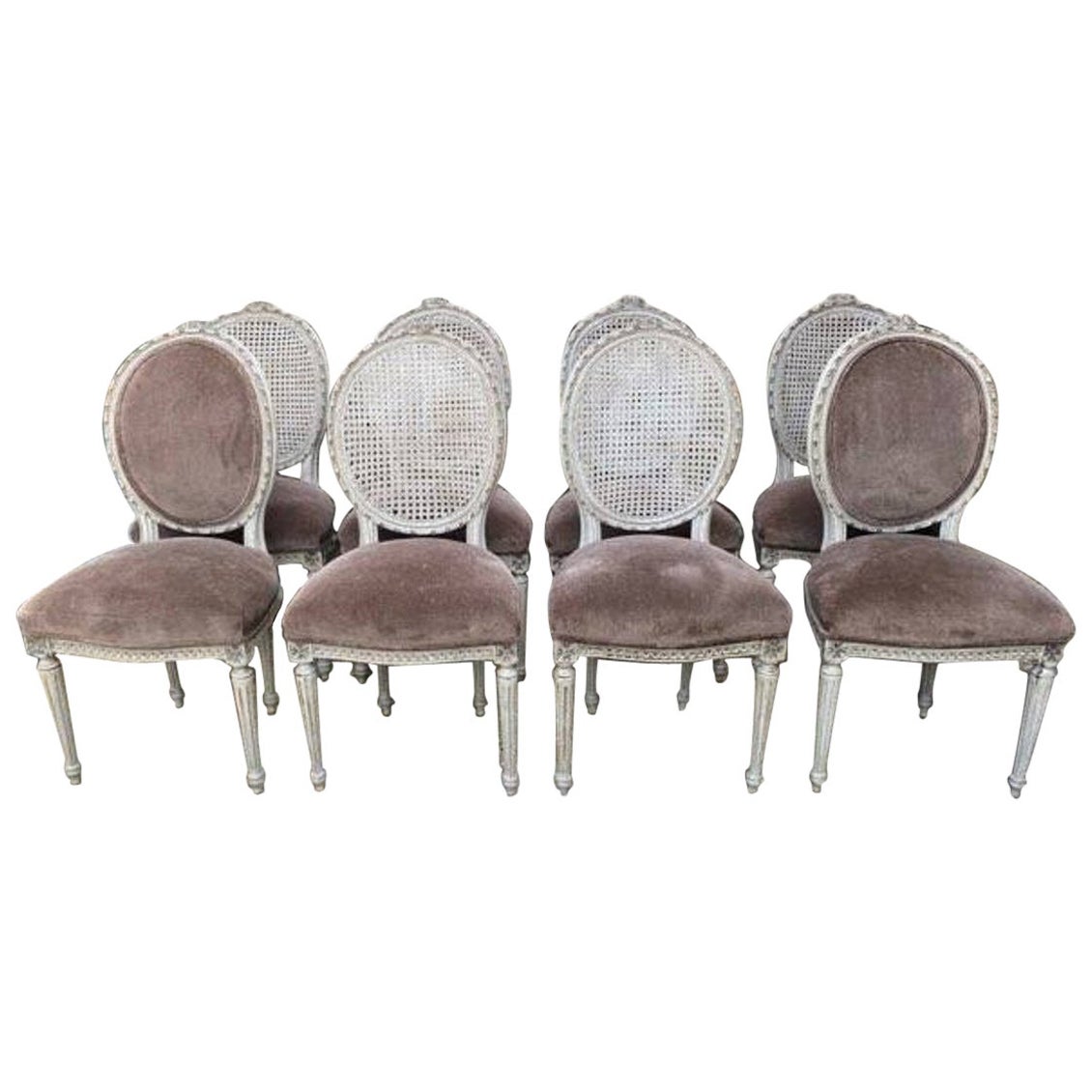Set of Eight 19th Century French Cane Back Dining Chairs with Gray Velvet Seats