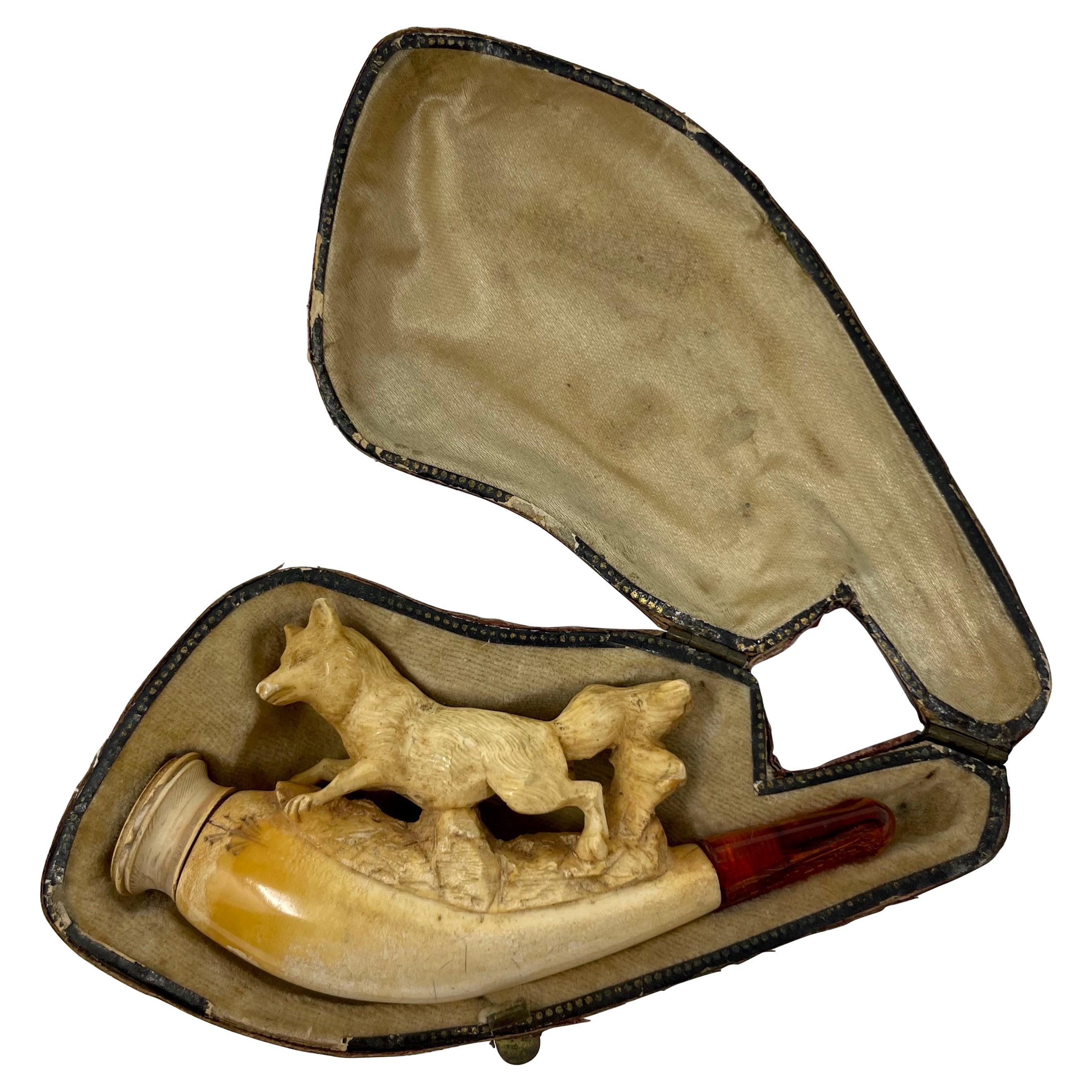 Antique French Carved Meerschaum "Fox" Cheroot Holder in Original Case, Ca. 1890 For Sale