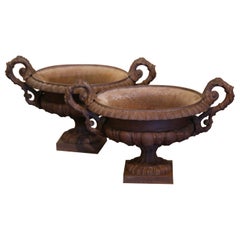 Pair of 19th Century French Neoclassical Weathered Iron Garden Urn Planters