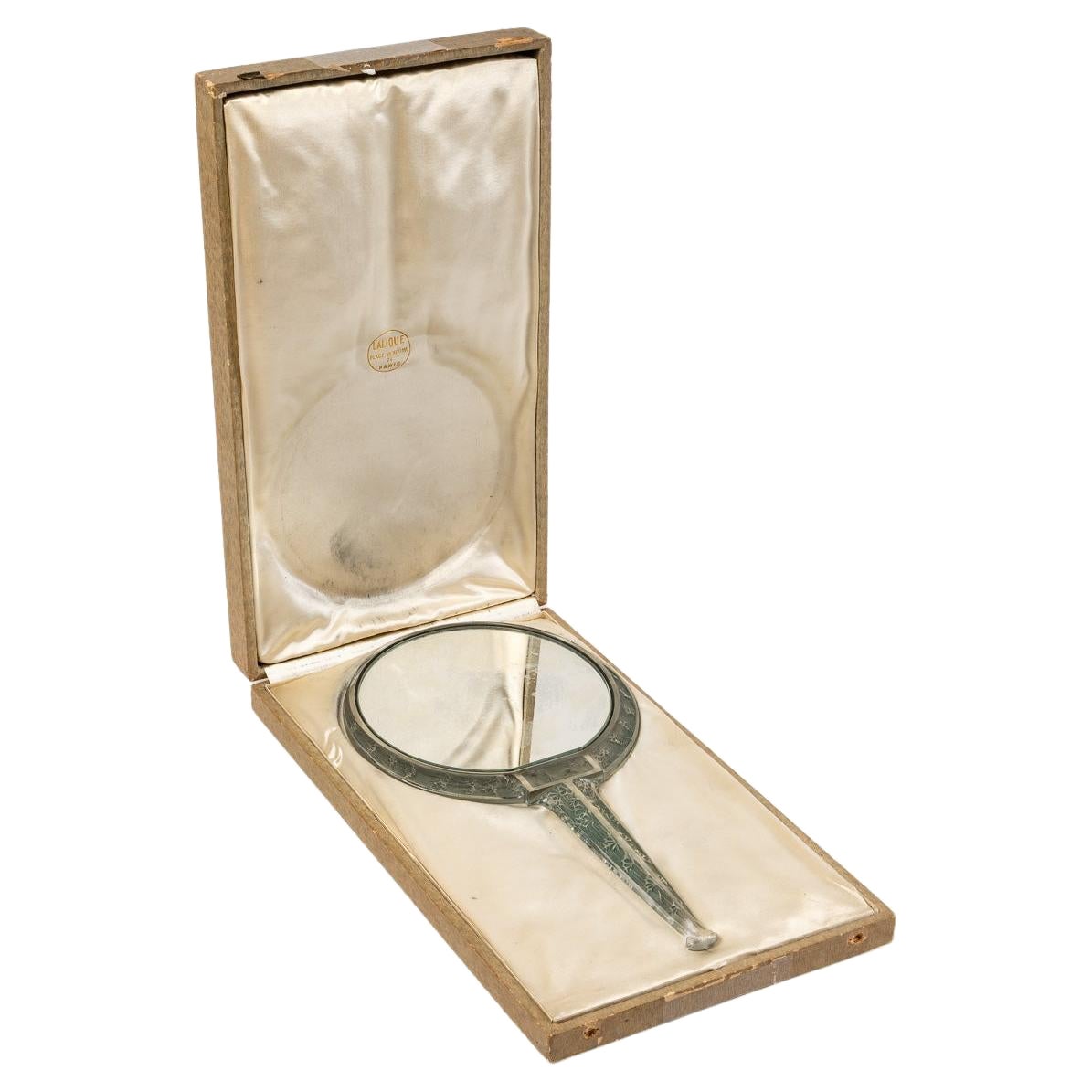 1912 René Lalique, Mirror Narcisse Clear Glass with Blue Green Patina + Box For Sale