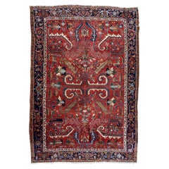 Antique Persian Heriz Hand knotted Rug, All-Over Pattern with Uncoiling Leaves