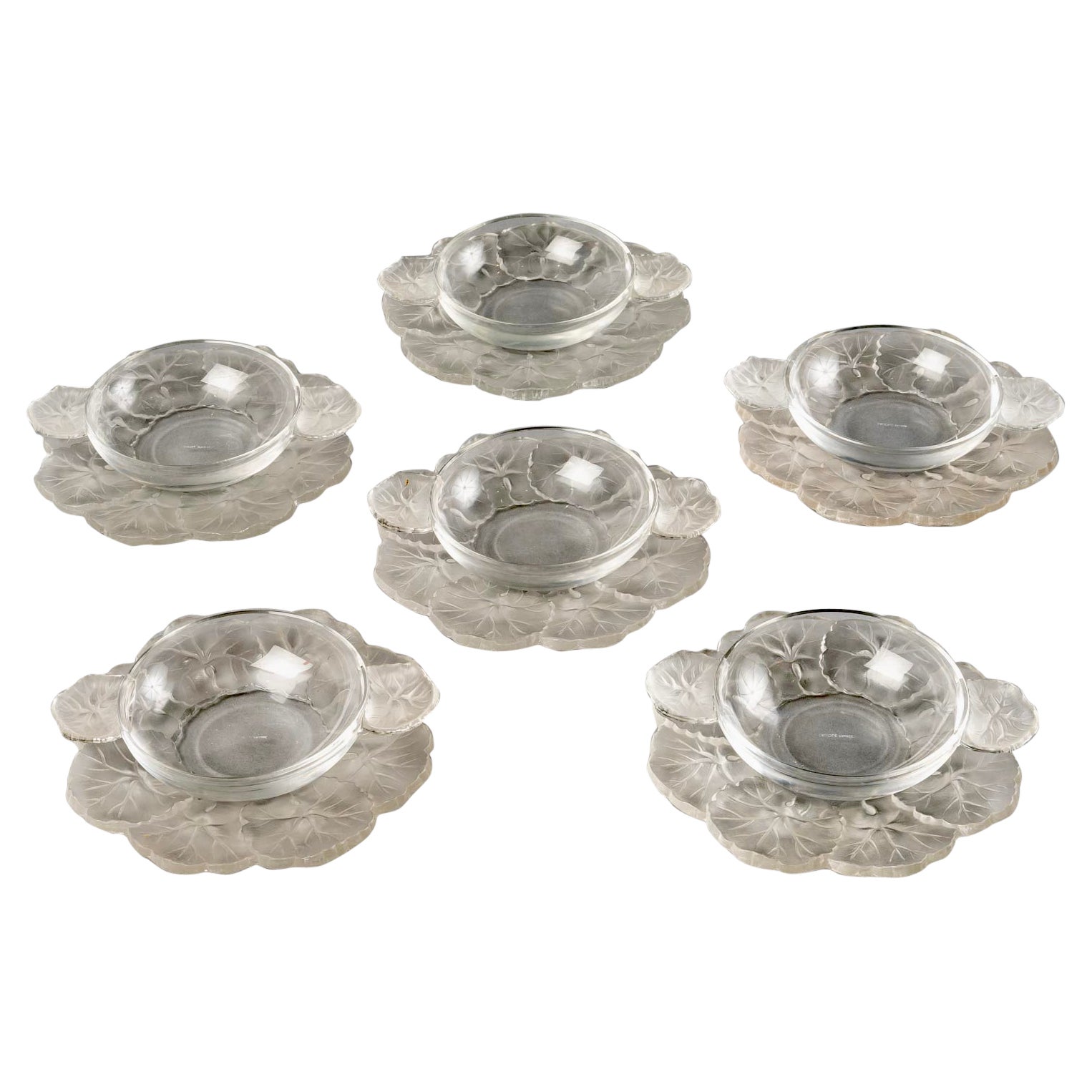 Marc Lalique, Tableware Set Honfleur Clear and Frosted Crystal, 12 Pieces