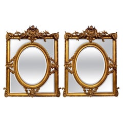 Pair Antique French Louis XVI Gold Leaf Paneled Mirrors with Beveling Circa 1940